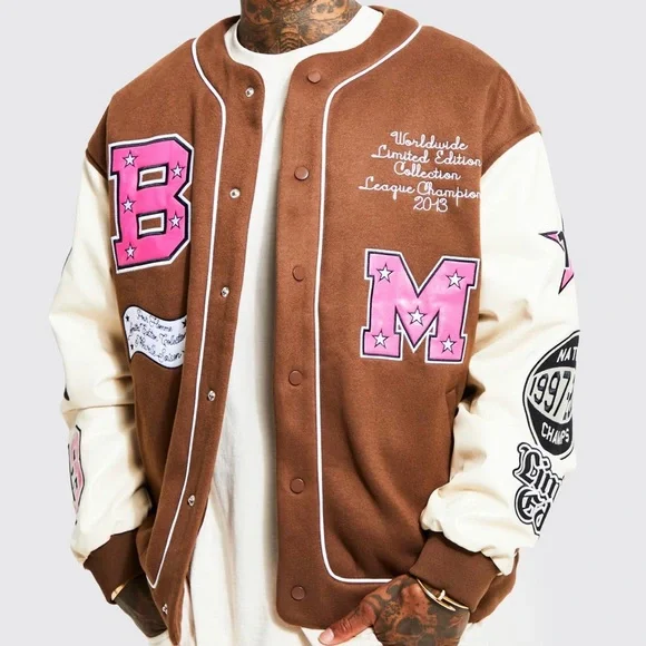 Oversized pink and brown varsity jacket